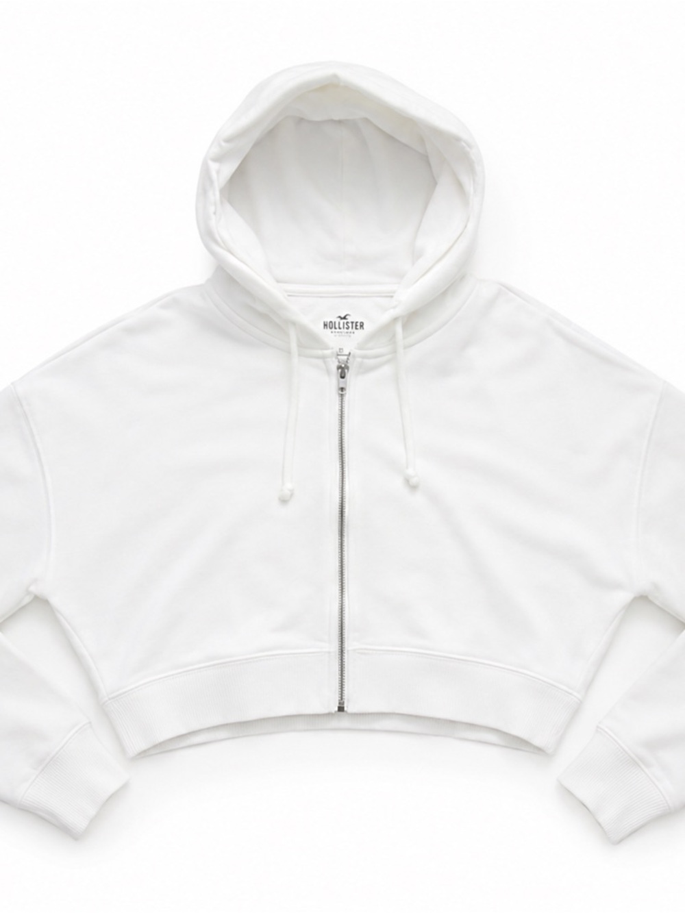 Hollister White Cropped Full-Zip Hoodie XXS